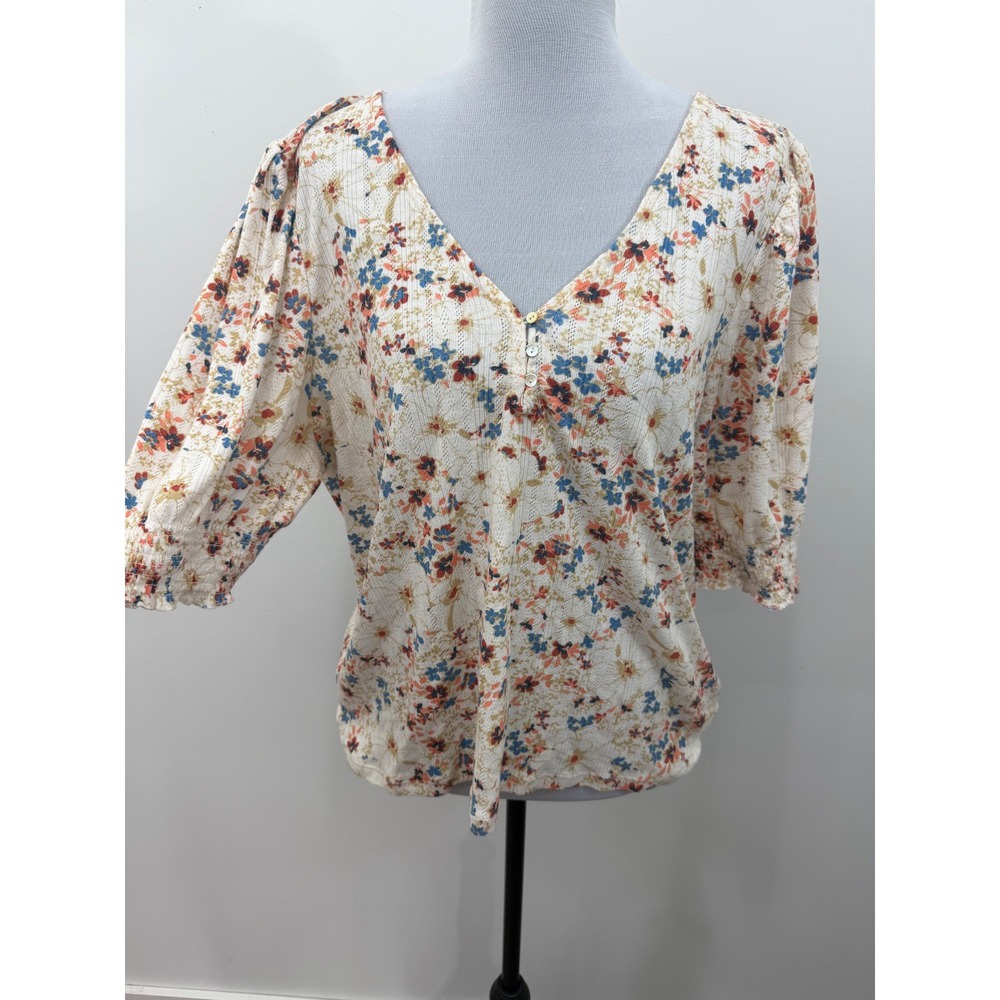 Lucky Brand Floral V-Neck Pointelle Knit Top Puff Sleeve Cream XL 122327